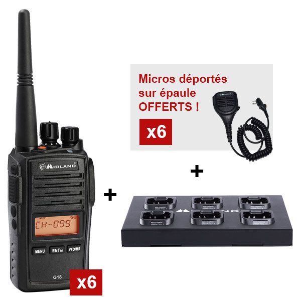 Le Pack Equipe : 6 Midland G18 + Socle de charge + 6 micros déportés Offerts !