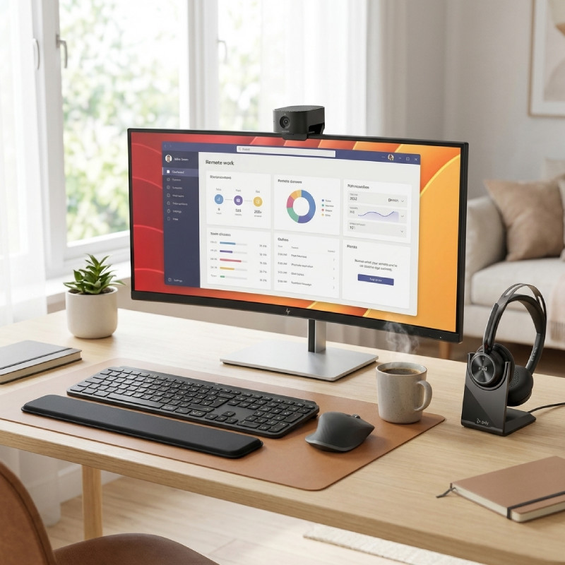 Pack Télétravail Gold – Écran 44,5” + Casque + Webcam + Clavier/Souris