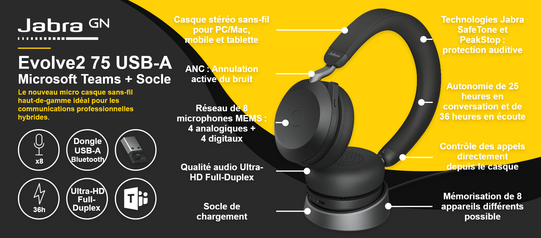 Jabra Evolve2 75 USB-A Microsoft Teams + Socle de charge