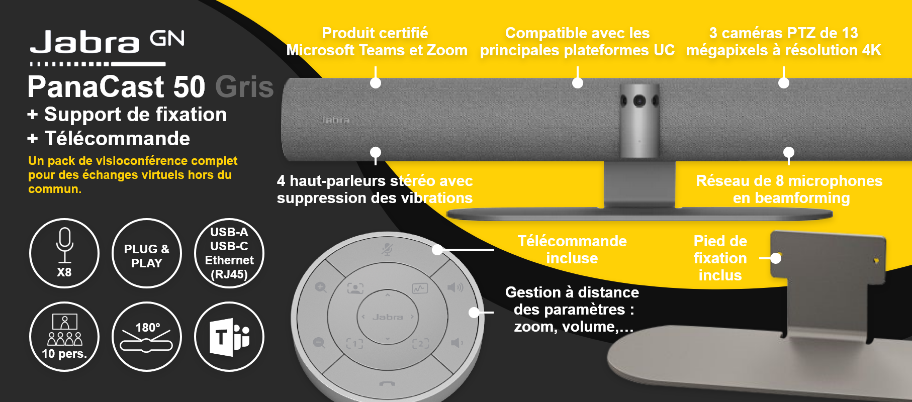 Jabra PanaCast 50 + Support de fixation + Télécommande – Gris