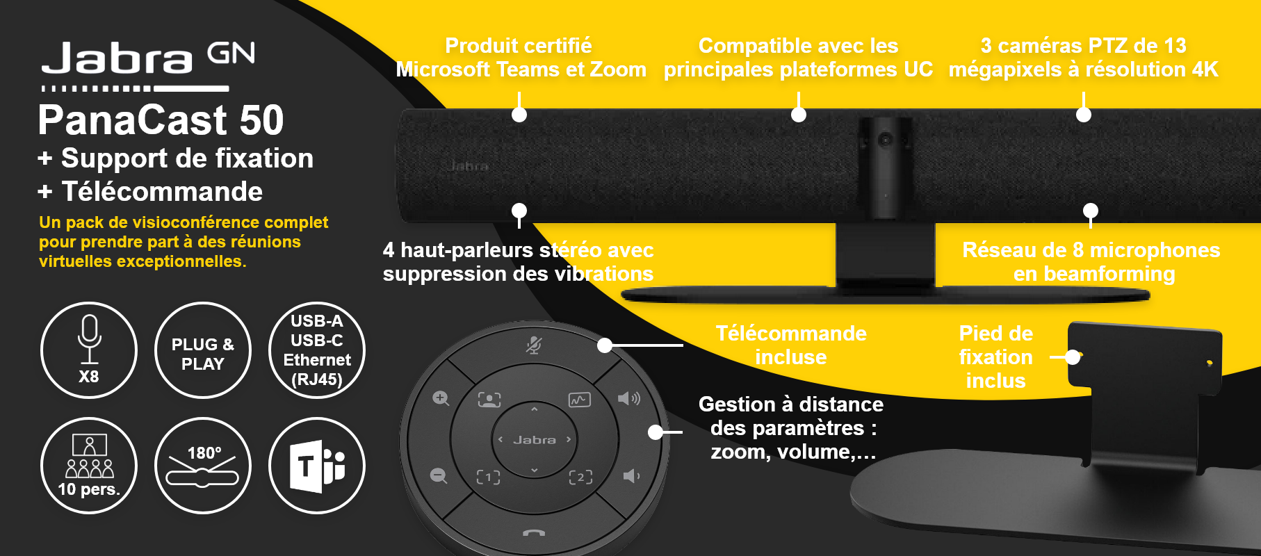 Jabra PanaCast 50 + Support de fixation + Télécommande