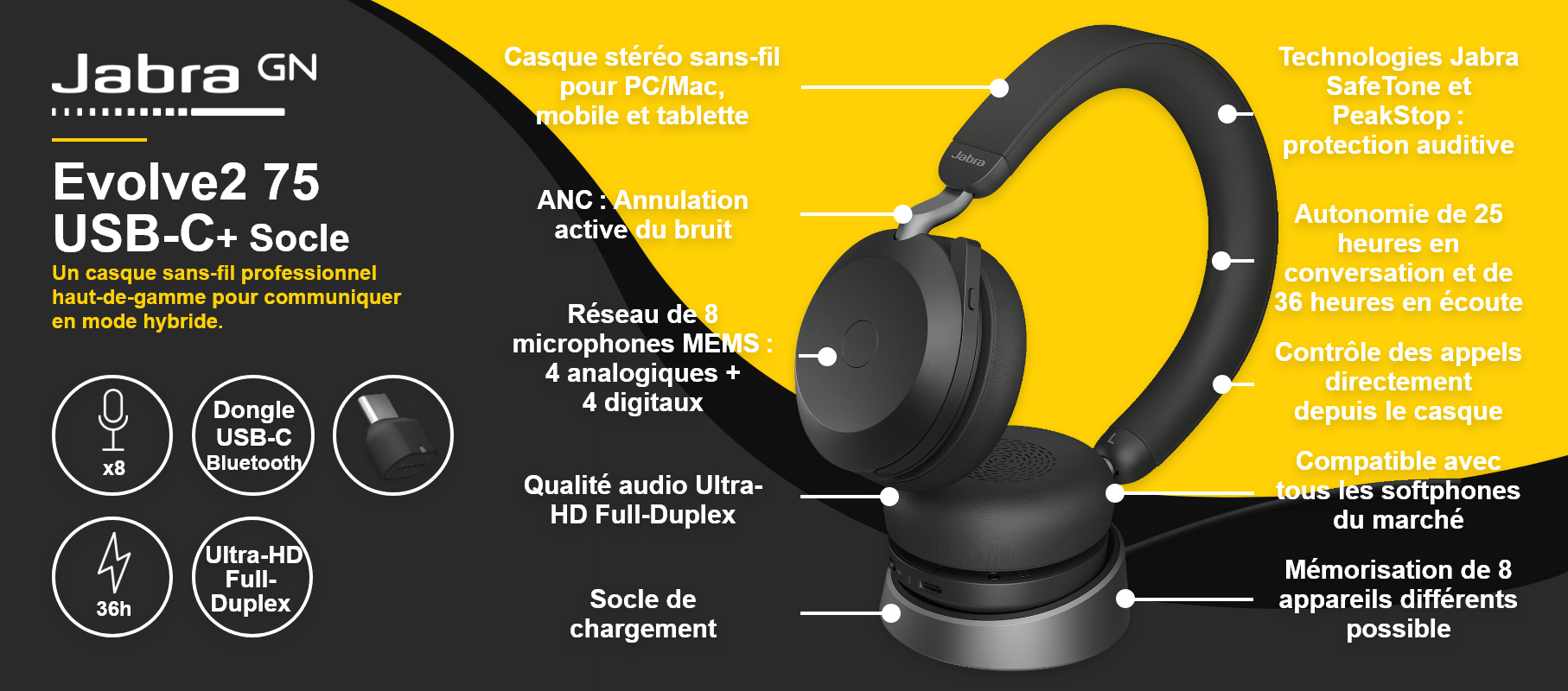 Jabra Evolve2 75 USB-C + Socle de charge