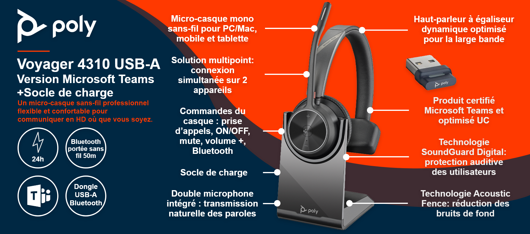 Poly Voyager 4310 USB-A Microsoft Teams + Socle de charge