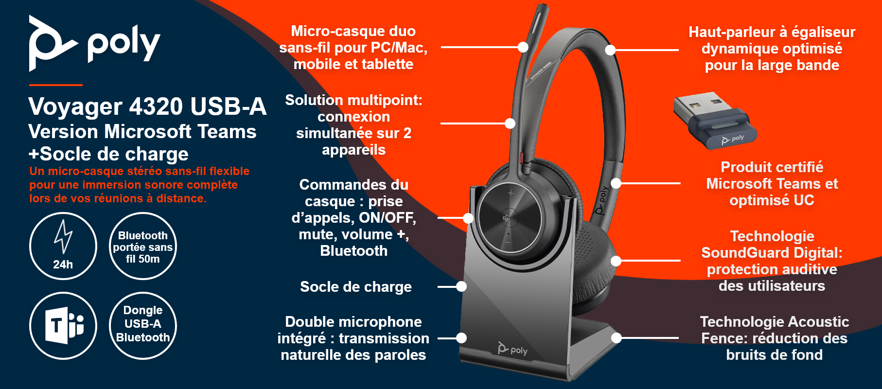 Poly Voyager 4320 USB-A Microsoft Teams + Socle de charge